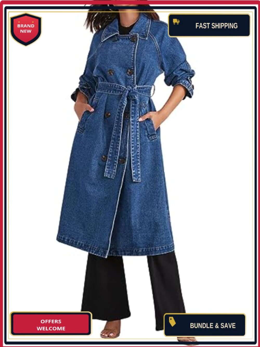 Women's Double Breasted Long Denim Trench Coat Jacket with Belt